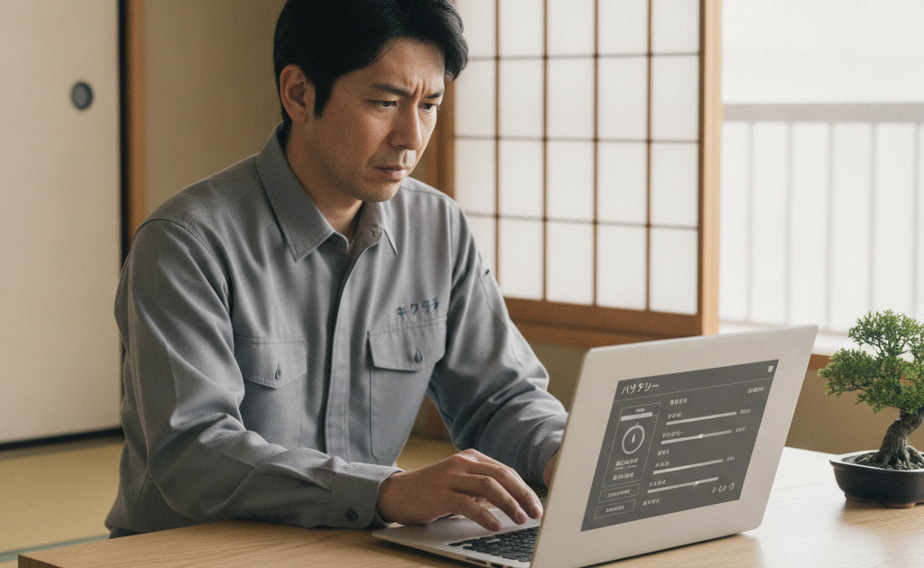 MacBookのバッテリー状態を確認する男性