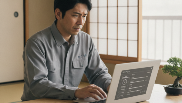 MacBookのバッテリー状態を確認する男性