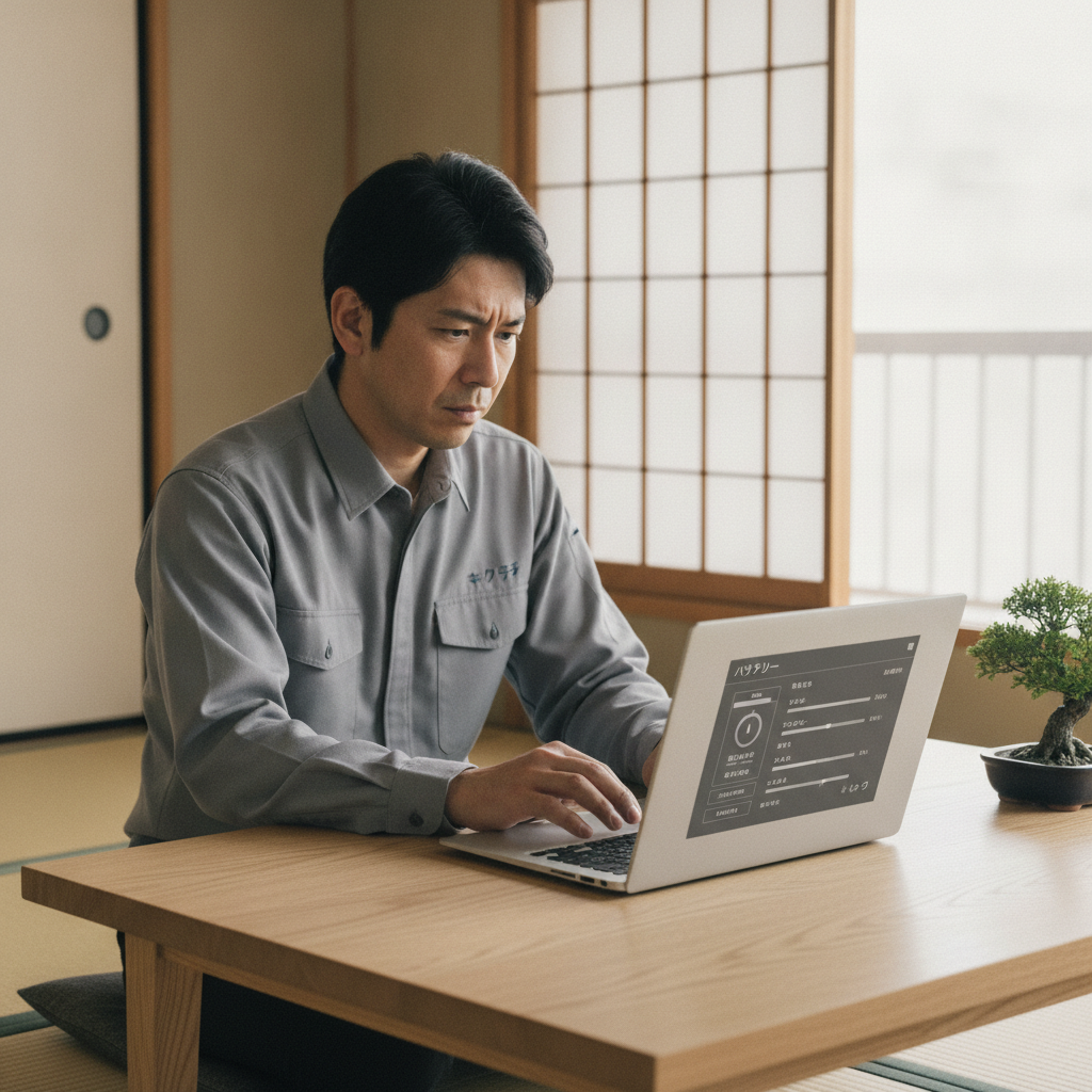 MacBookのバッテリー状態を確認する男性