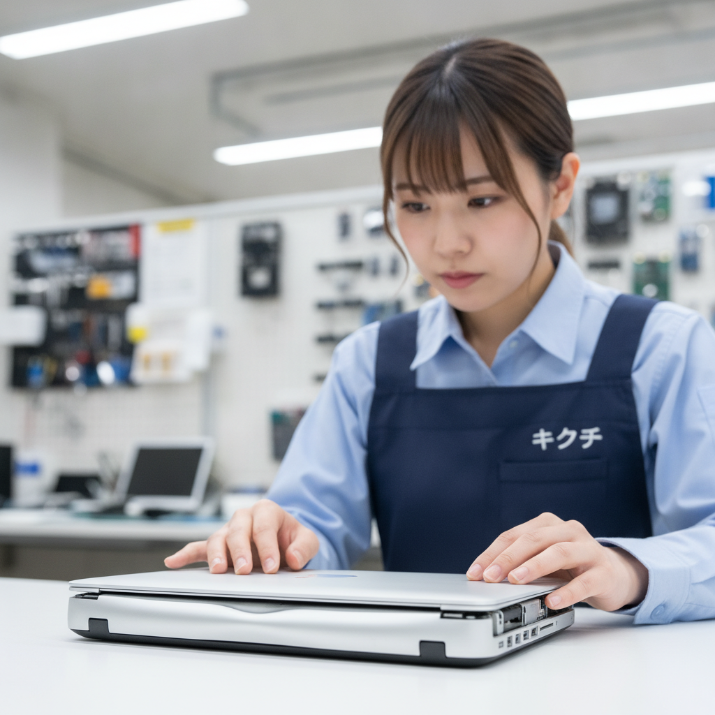 バッテリー膨張で天板が浮いたMacBookを点検する女性スタッフ