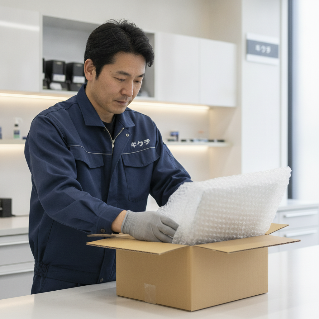 MacBookを緩衝材で梱包し郵送修理に出す準備をするスタッフ