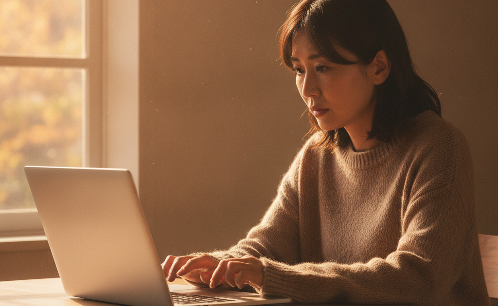 MacBookの画面が真っ暗で映らず困っている女性