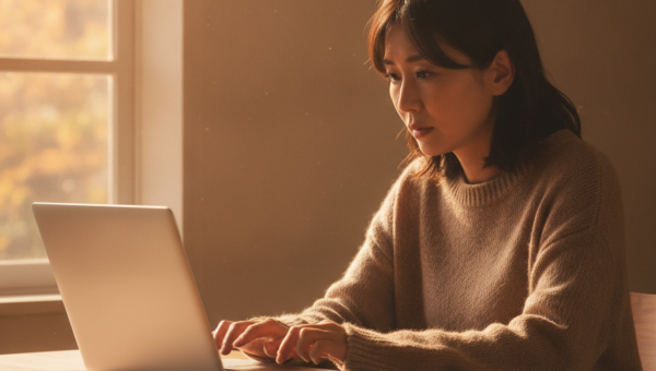 MacBookの画面が真っ暗で映らず困っている女性