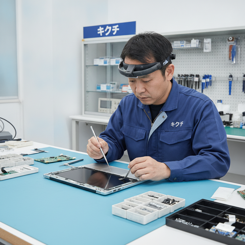 修理技術者がMacBookのディスプレイを交換している様子
