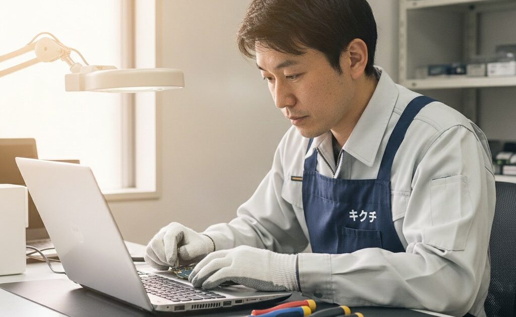 NEC LAVIEノートパソコンを点検する修理のキクチの技術スタッフ