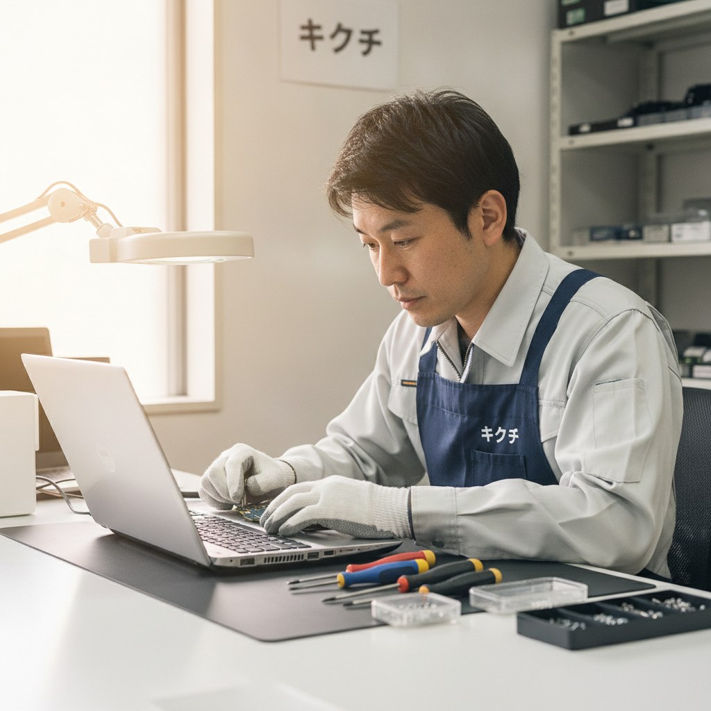 NEC LAVIEノートパソコンを点検する技術スタッフ