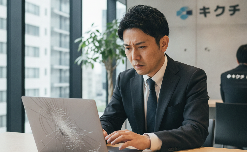 ノートパソコンの画面が割れて困る日本人ビジネスマン