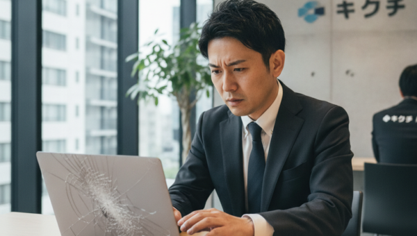 ノートパソコンの画面が割れて困る日本人ビジネスマン
