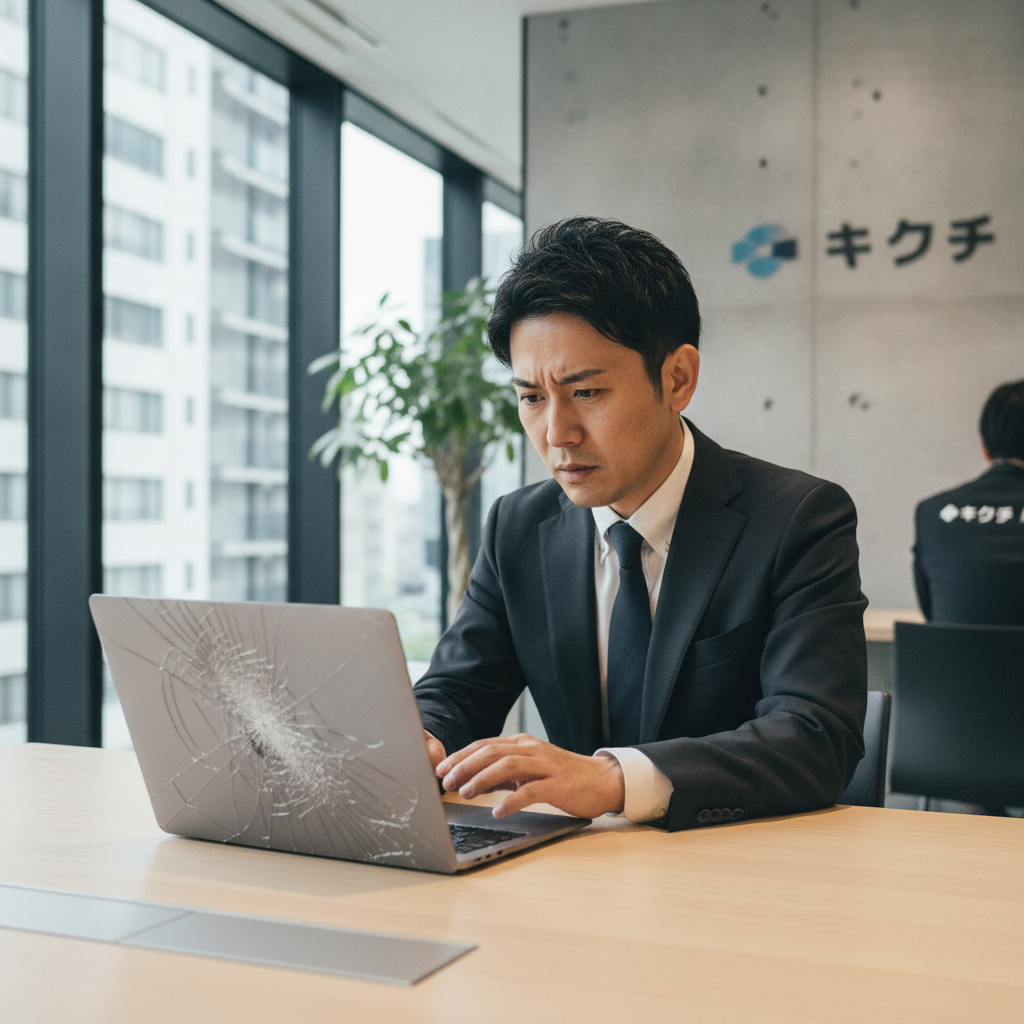 ノートパソコンの画面が割れて困る日本人ビジネスマン