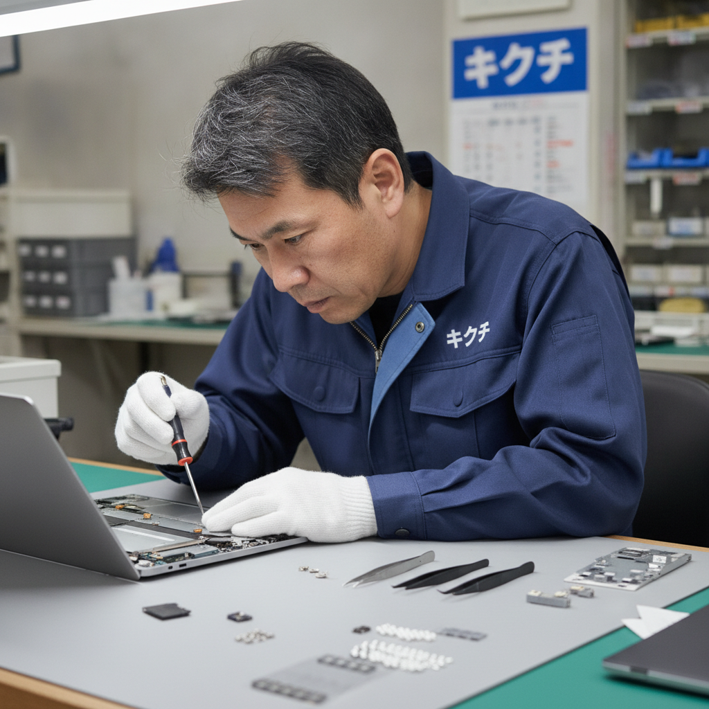 分解したノートパソコンを点検する修理技術者