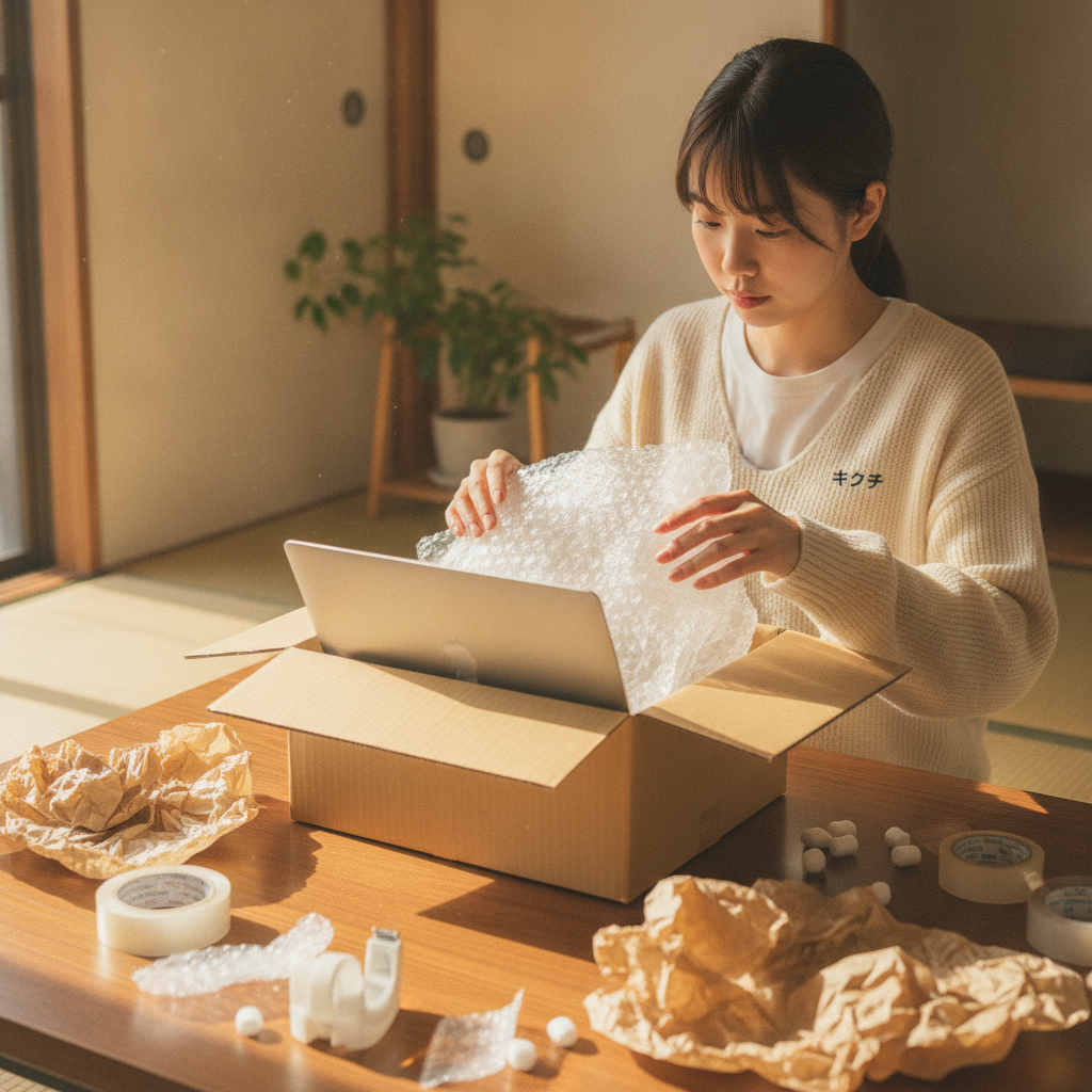 ノートパソコンを梱包して郵送修理に出す様子