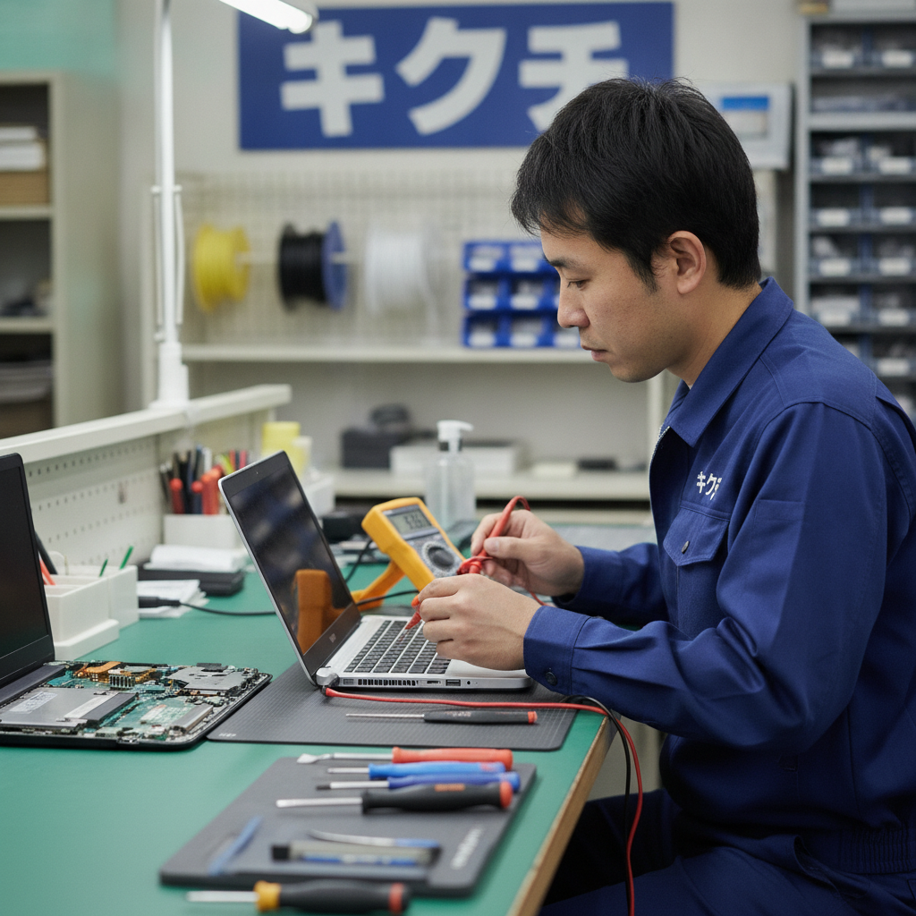 ノートパソコンの充電端子とACアダプターを検査する技術者