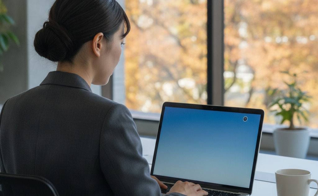 パソコンの顔認証が反応せず困っている女性
