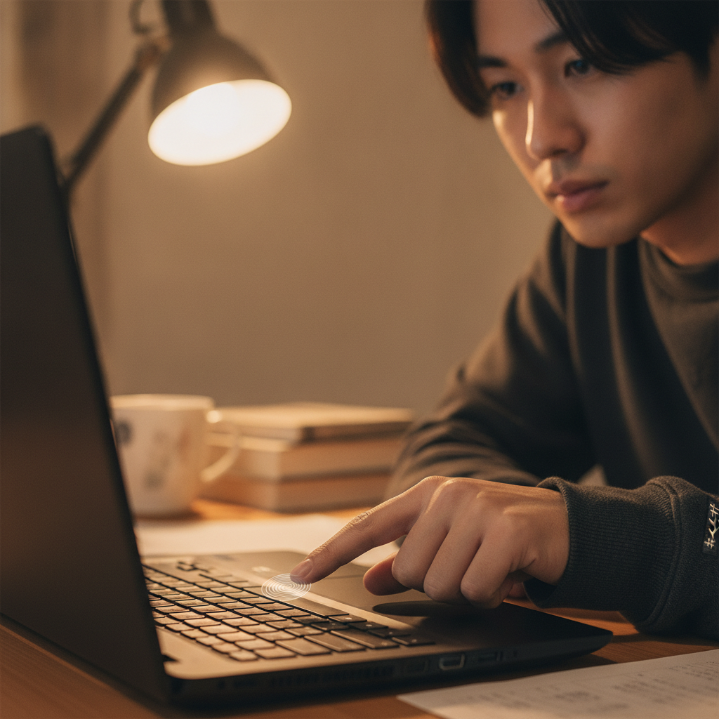 ノートパソコンの指紋センサーに触れる男性