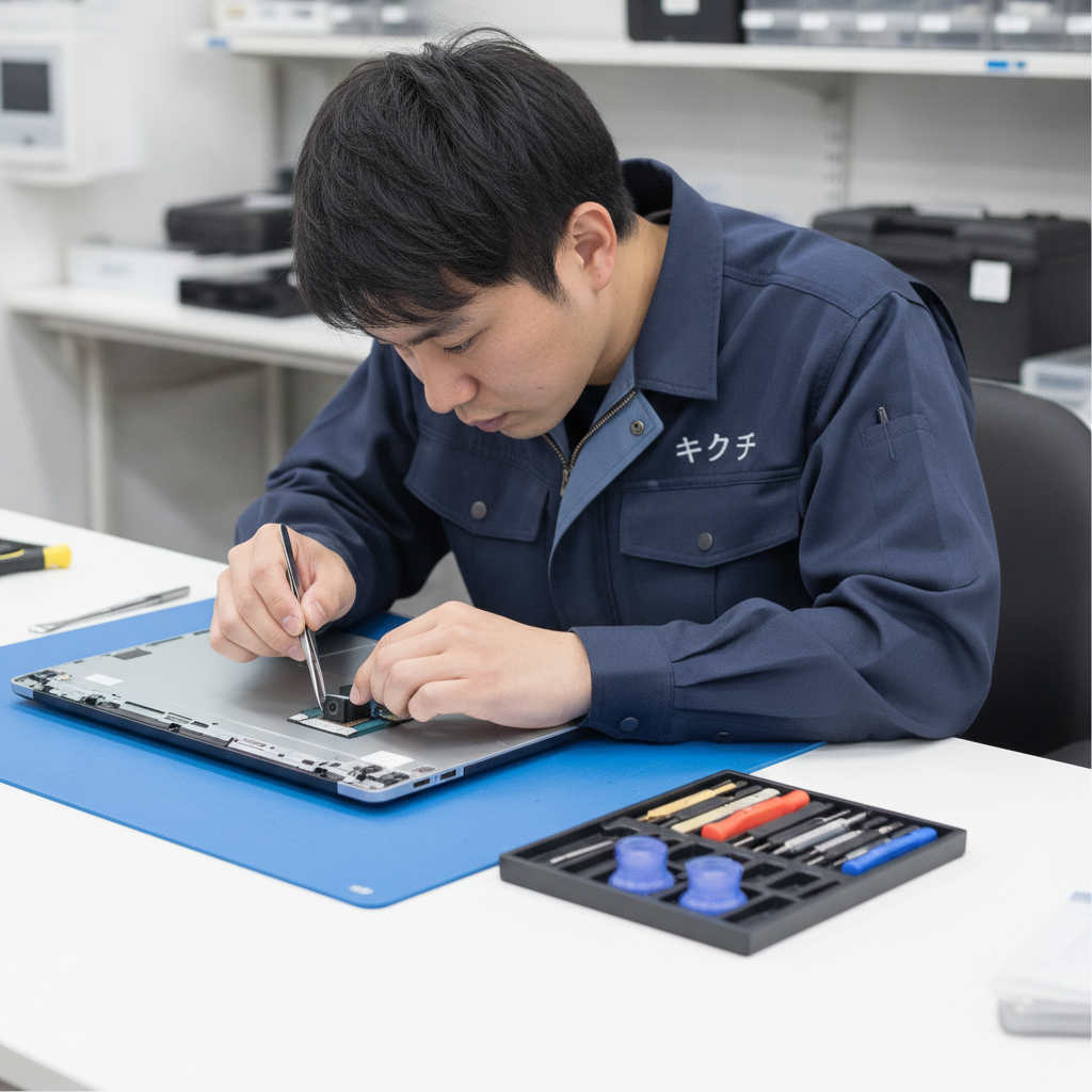 ノートパソコンのカメラモジュールを修理する技術者