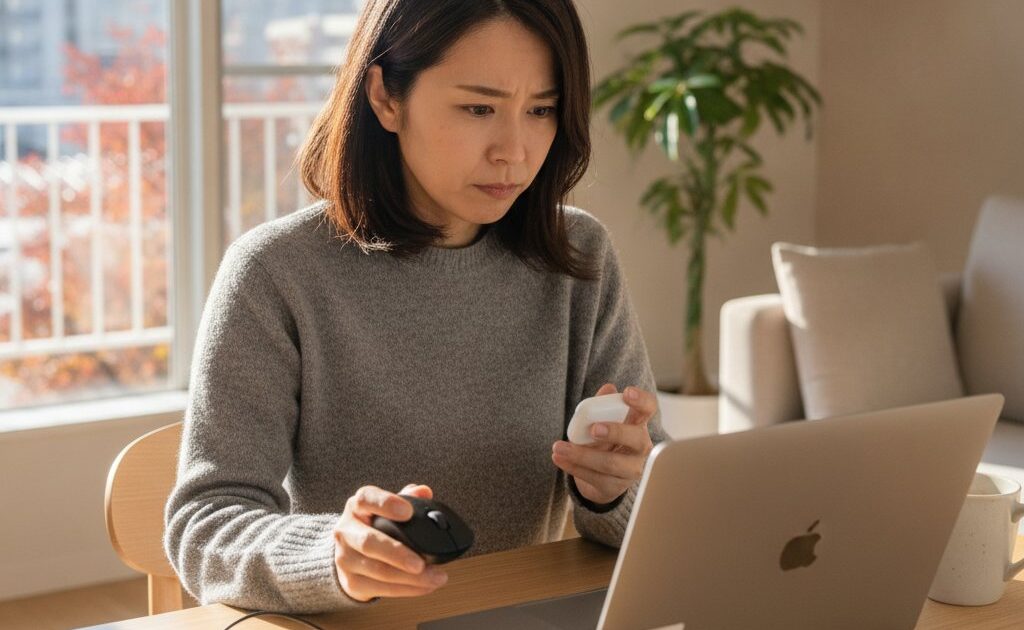 パソコンにワイヤレスマウスとイヤホンをBluetoothでペアリングしようとしている女性