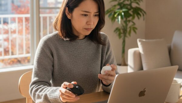 パソコンにワイヤレスマウスとイヤホンをBluetoothでペアリングしようとしている女性