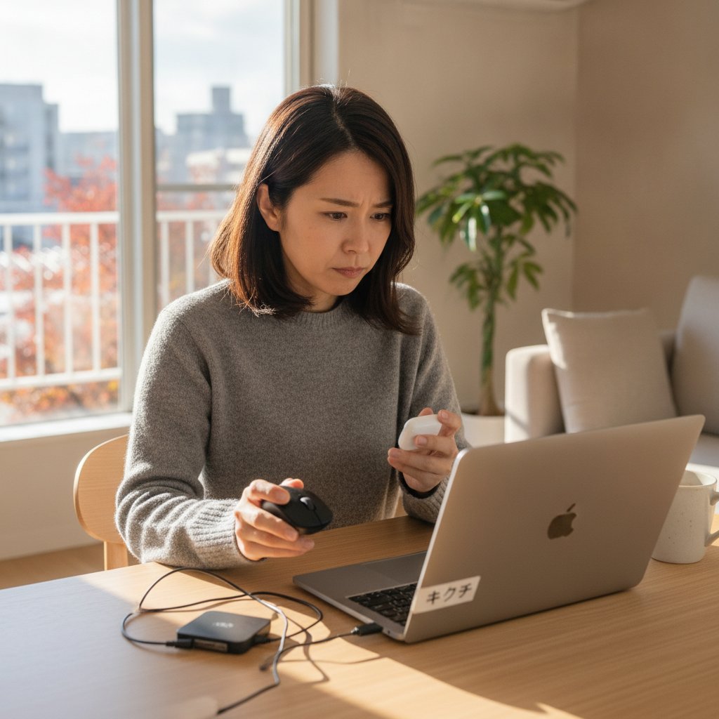 パソコンにワイヤレスマウスとイヤホンをBluetoothでペアリングしようとしている女性