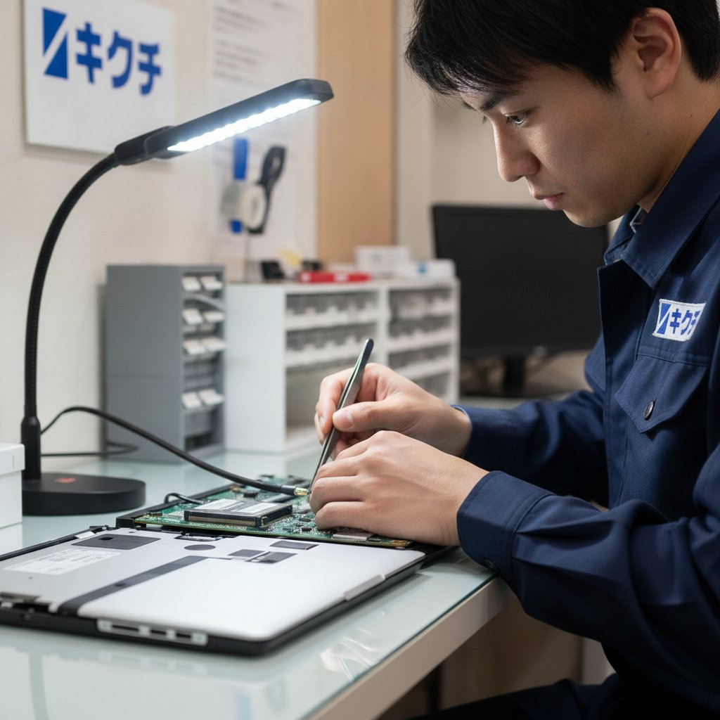 ノートパソコンのWi-Fi/Bluetoothモジュールのアンテナ線を修理する技術者