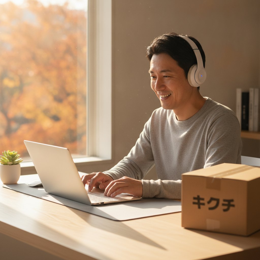 Bluetoothキーボード・マウス・ヘッドホンが正常に接続されたパソコンで在宅勤務する男性