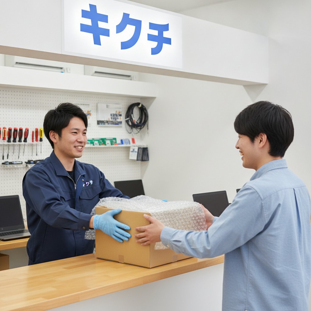 郵送修理で梱包されたパソコンを受け取るスタッフとお客様