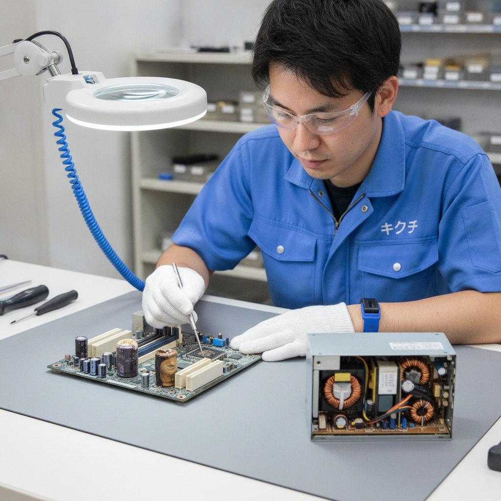 焦げた電源ユニットとマザーボードを点検する修理技術者