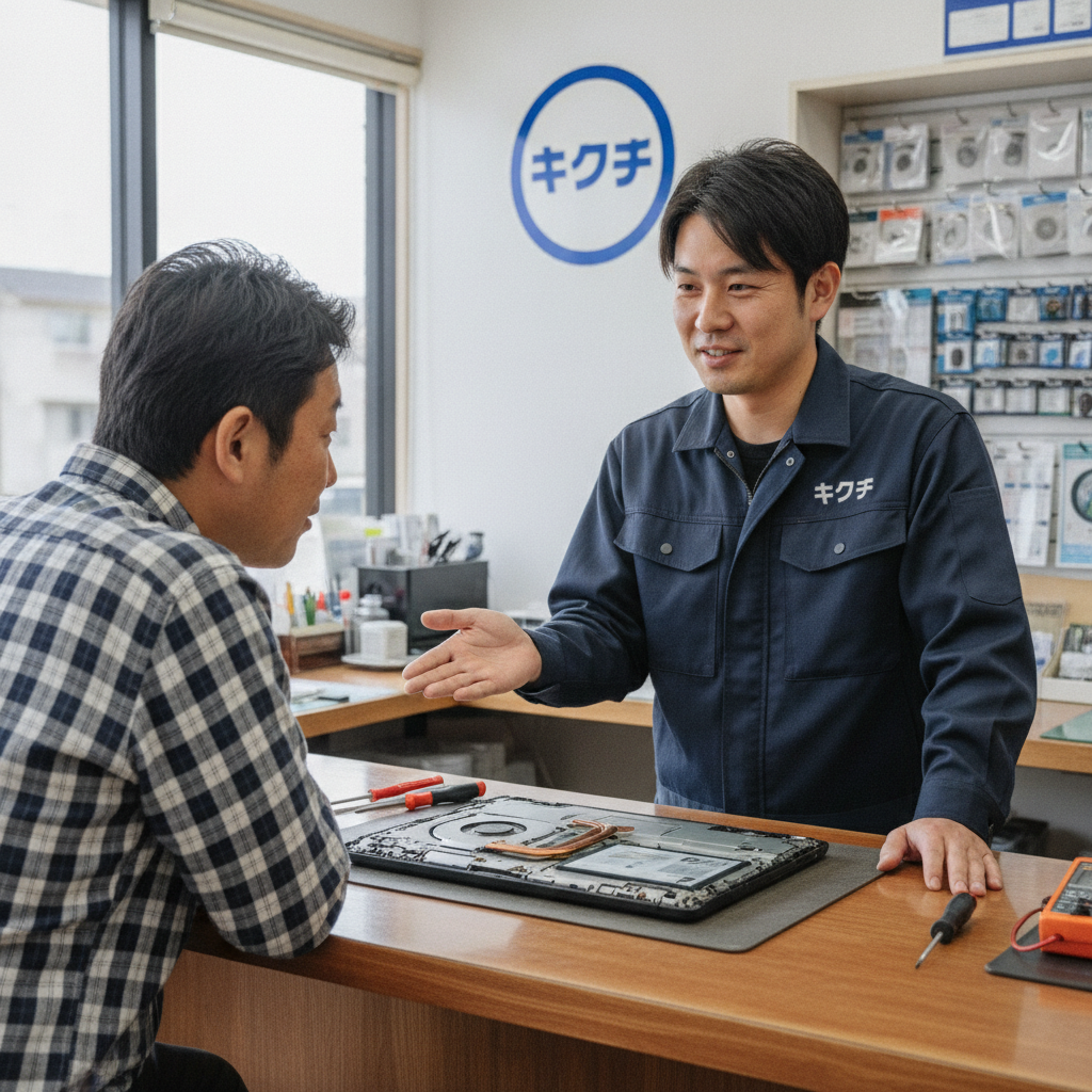 ノートパソコンの内部を見せながら説明する修理スタッフ
