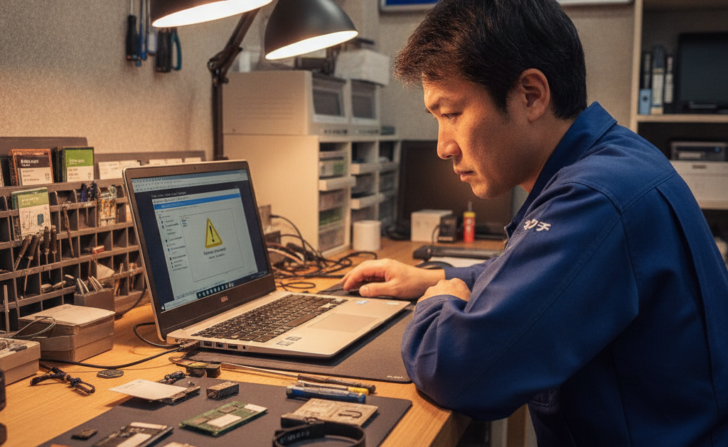 パソコンのドライバーエラーを確認する技術者