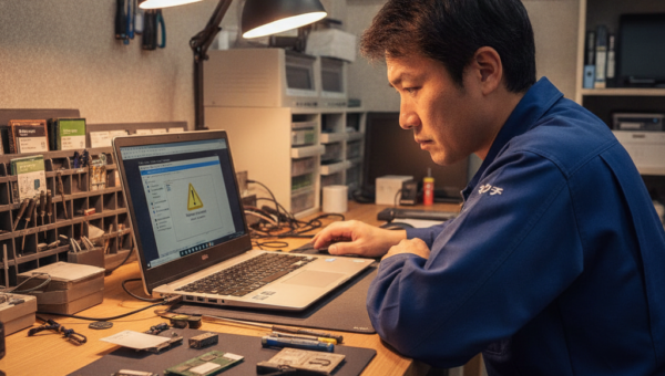 パソコンのドライバーエラーを確認する技術者