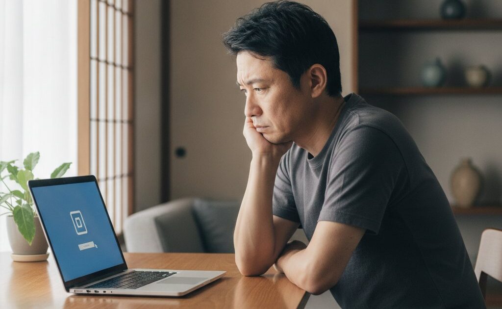 ノートパソコンのログイン画面でパスワードが通らず困っている日本人男性