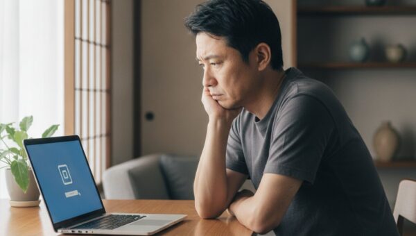 ノートパソコンのログイン画面でパスワードが通らず困っている日本人男性