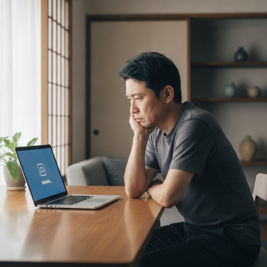 ノートパソコンのログイン画面でパスワードが通らず困っている日本人男性
