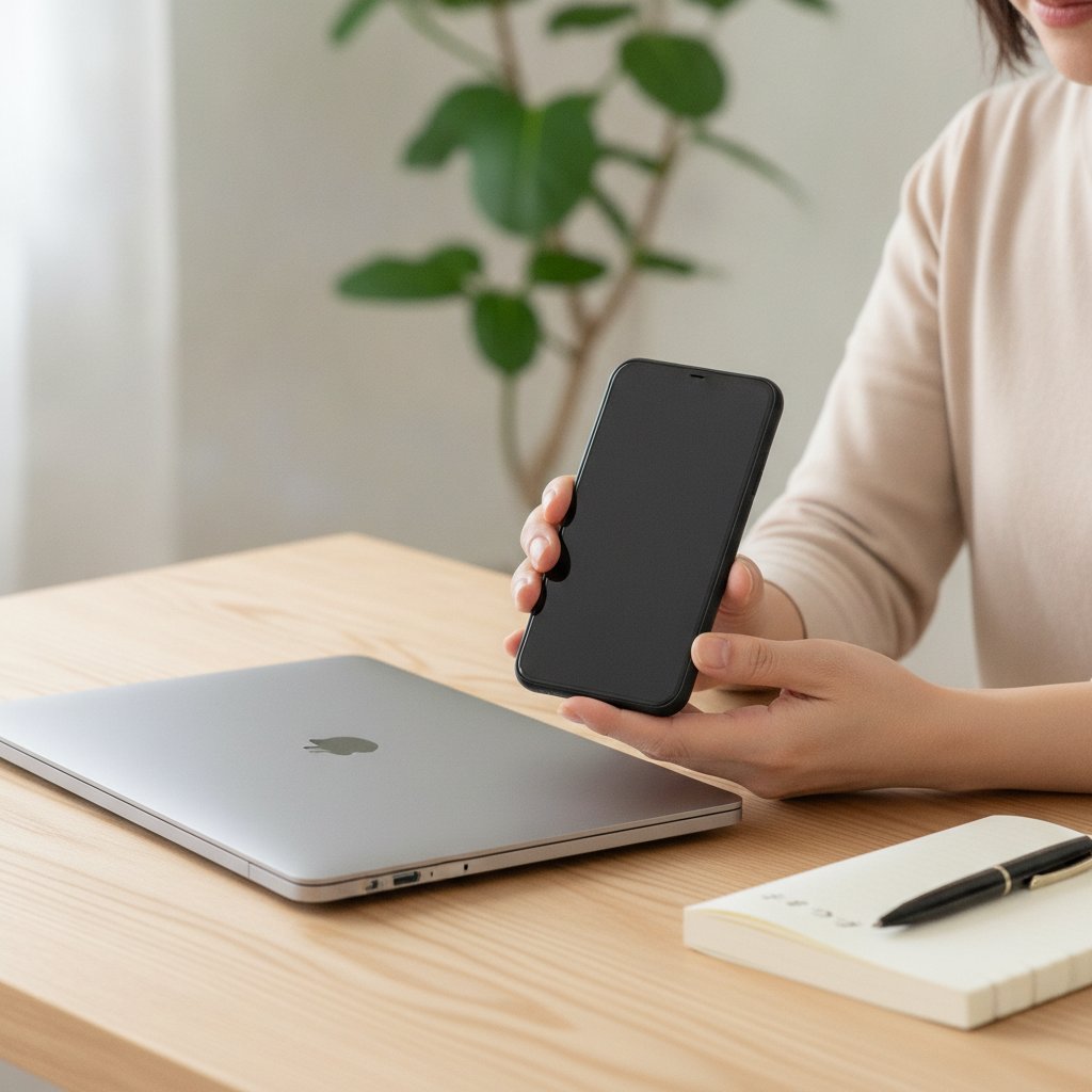 スマートフォンからBitLocker回復キーを確認する日本人女性