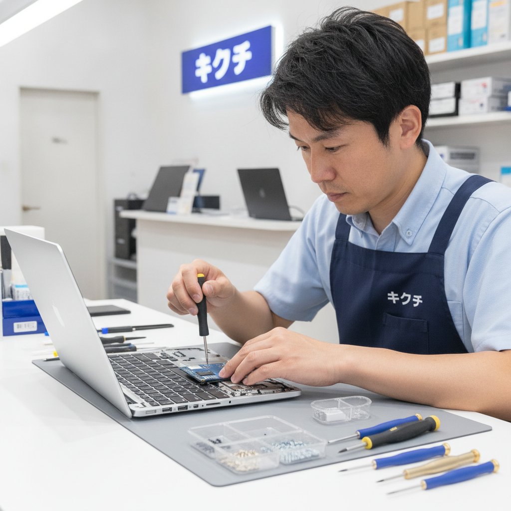 ログインできないノートパソコンからSSDを取り外してデータを救出する修理スタッフ