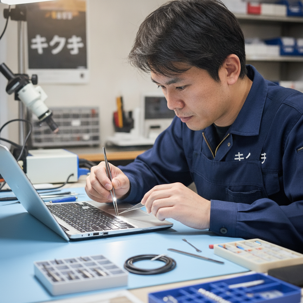 ノートパソコンのUSBポートを点検する修理スタッフ