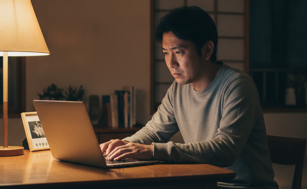 スリープから復帰せず画面が真っ暗になったノートパソコンを確認する男性