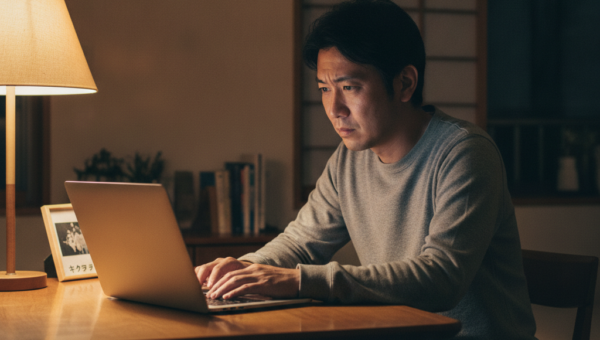スリープから復帰せず画面が真っ暗になったノートパソコンを確認する男性