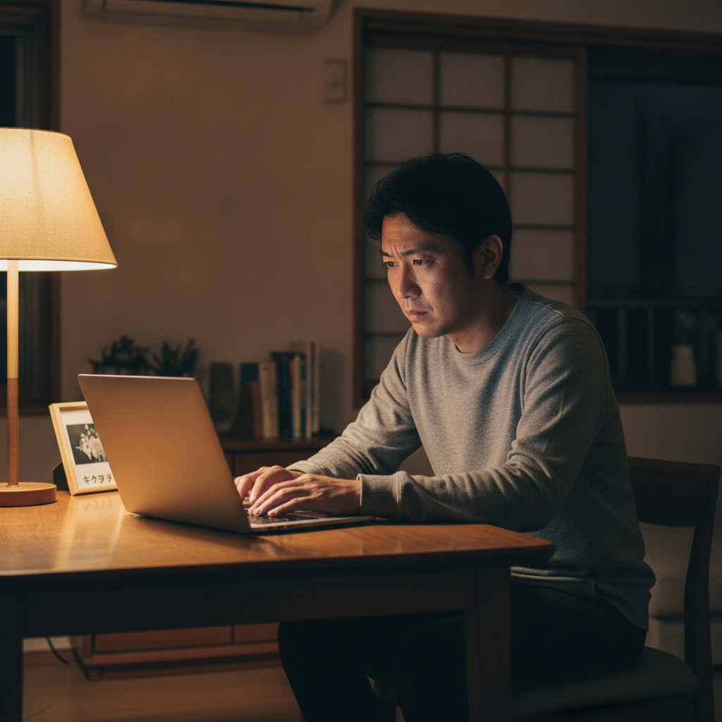 スリープから復帰せず画面が真っ暗になったノートパソコンを確認する男性