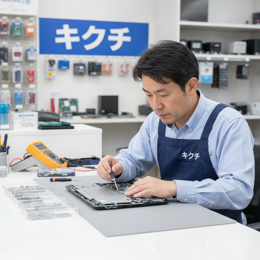 ノートパソコンを分解して内部を点検する修理スタッフ