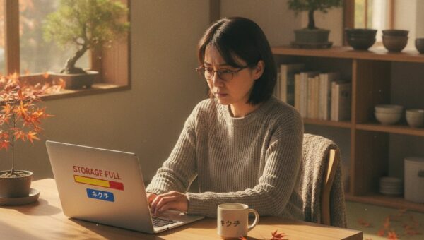 パソコンのストレージ容量不足の警告に困る女性