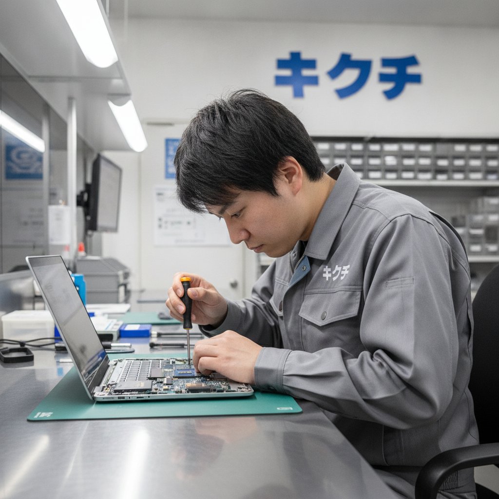 ノートパソコンのSSD換装作業を行う技術者