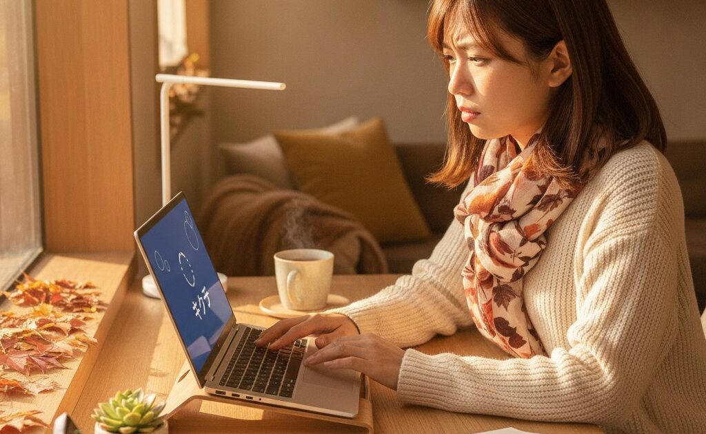 タッチパネル搭載2in1ノートPCのタッチが反応せず困っている女性