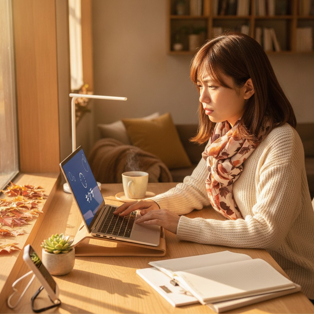 タッチパネル搭載2in1ノートPCのタッチが反応せず困っている女性