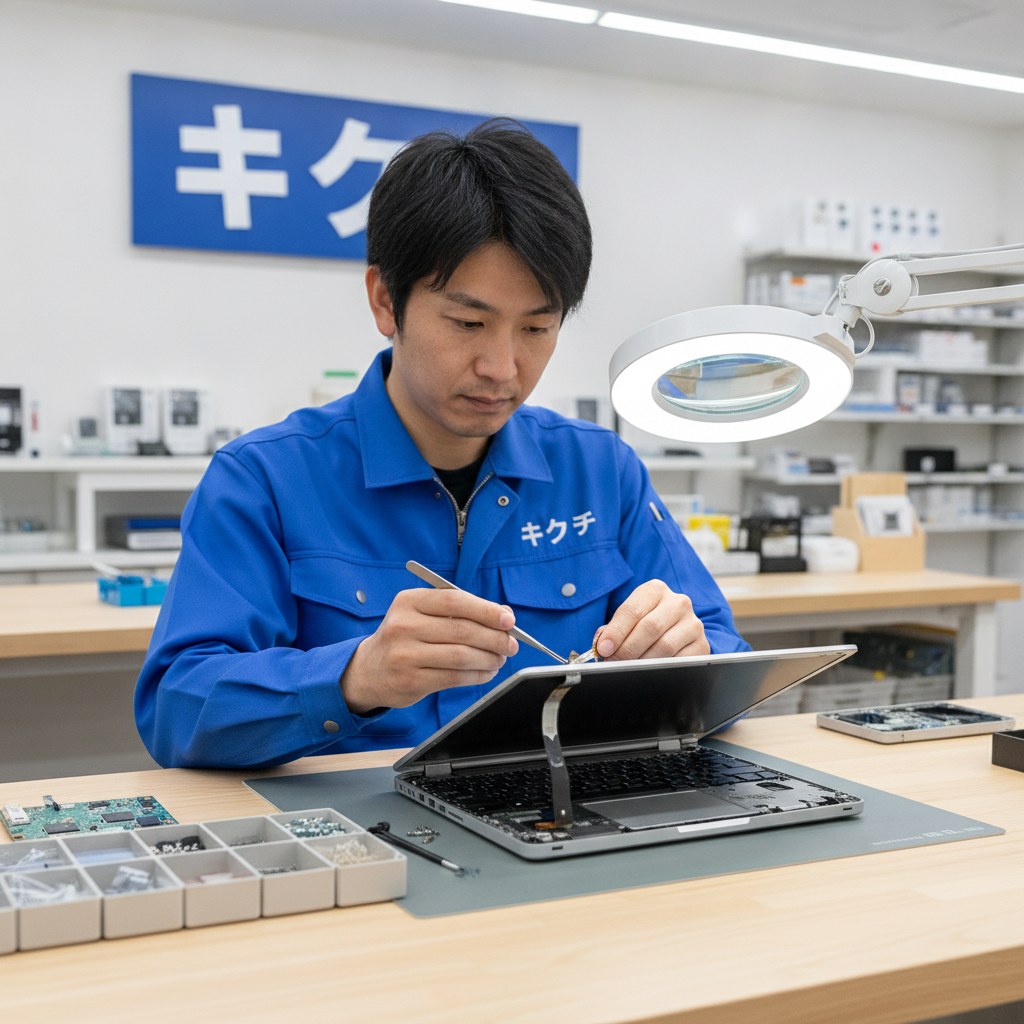 2in1ノートPCのヒンジ内ケーブルを点検する技術者