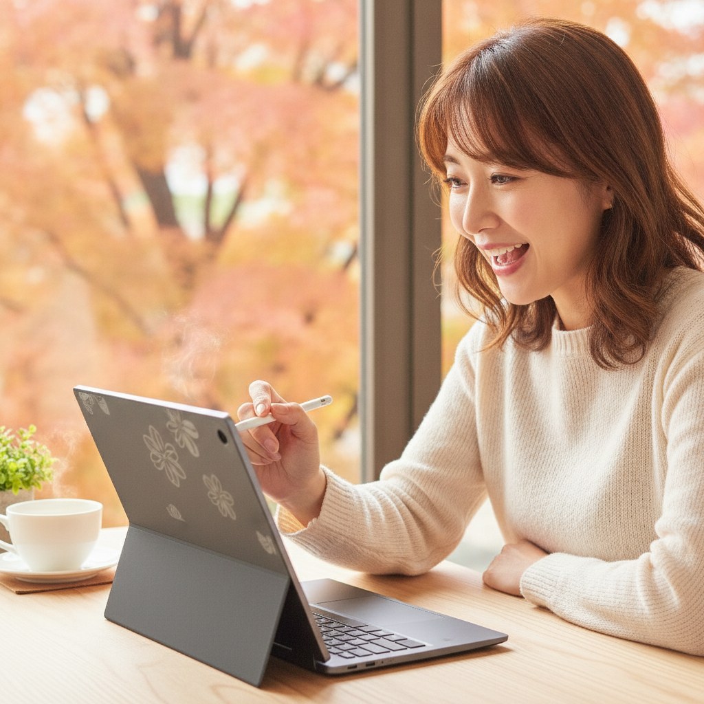 修理後の2in1ノートPCでペンを使って描く女性