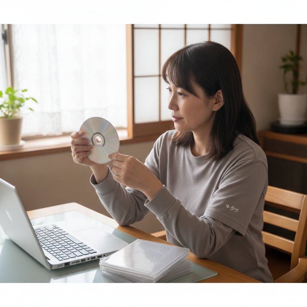 DVDの記録面を光にかざして傷や劣化がないか確認している様子