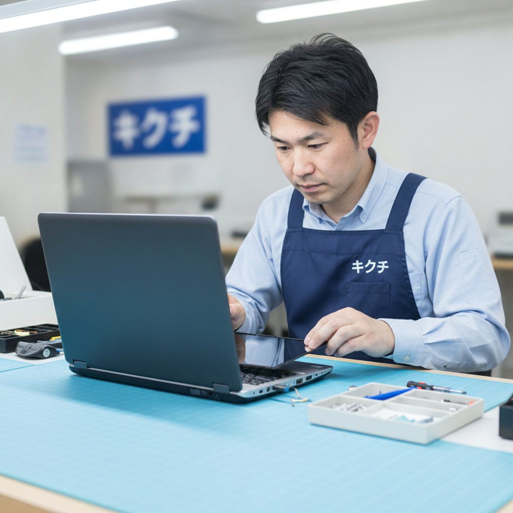 修理技術者がノートパソコンの液晶パネルを交換している様子