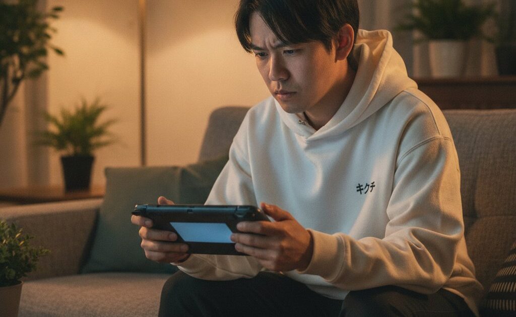 携帯ゲーミングPCのスティック不具合に困り、本体を操作しながら首をかしげる男性