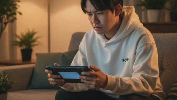 携帯ゲーミングPCのスティック不具合に困り、本体を操作しながら首をかしげる男性