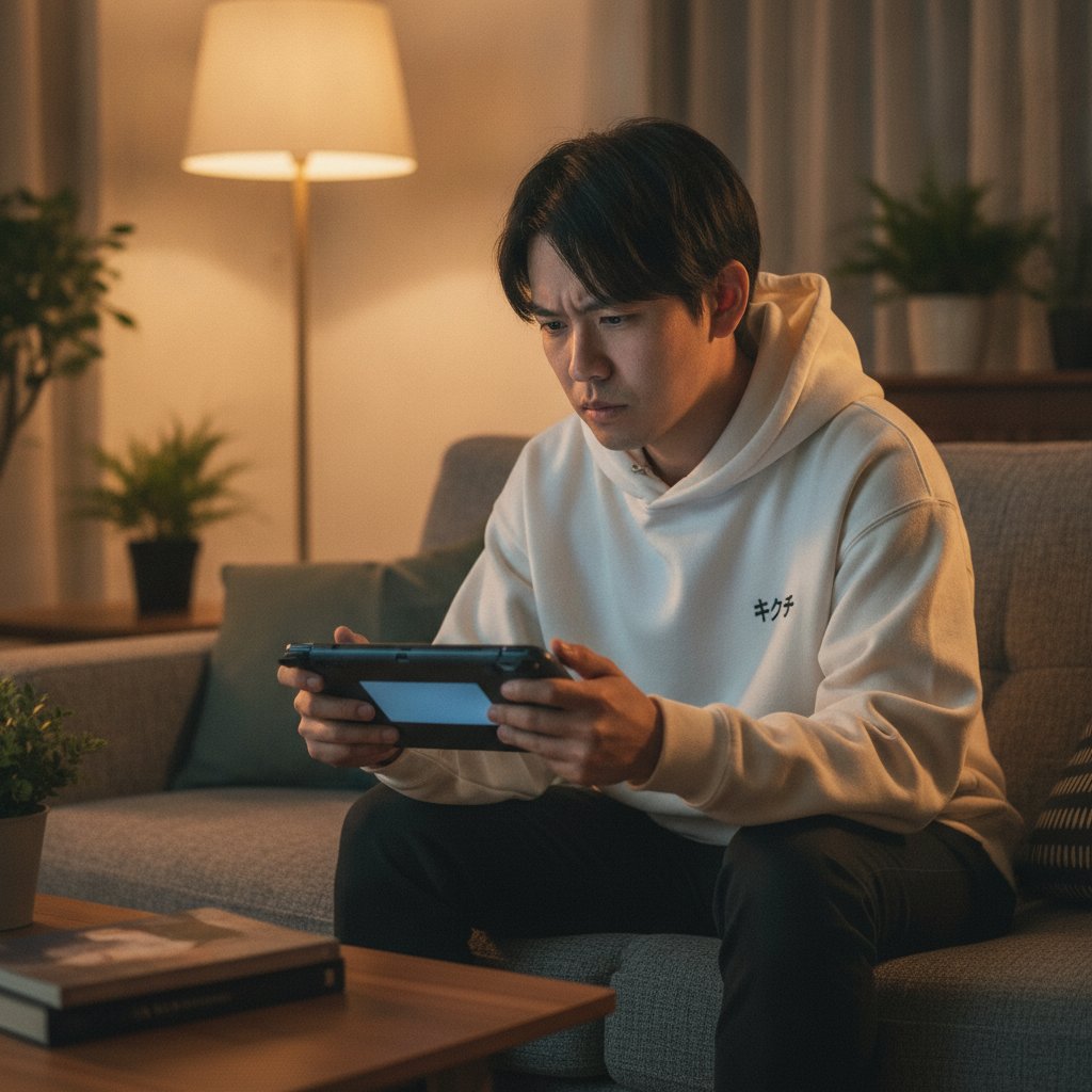携帯ゲーミングPCのスティック不具合に困り、本体を操作しながら首をかしげる男性